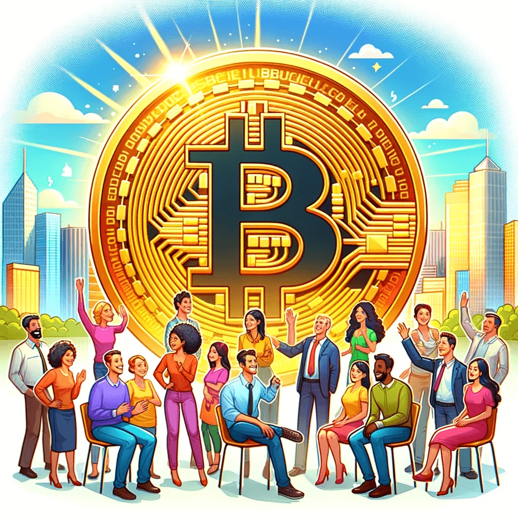 Une illustration pour un article de blog intitulé « Le Bitcoin pour tous ». L’image doit présenter un groupe diversifié de personnes de différentes